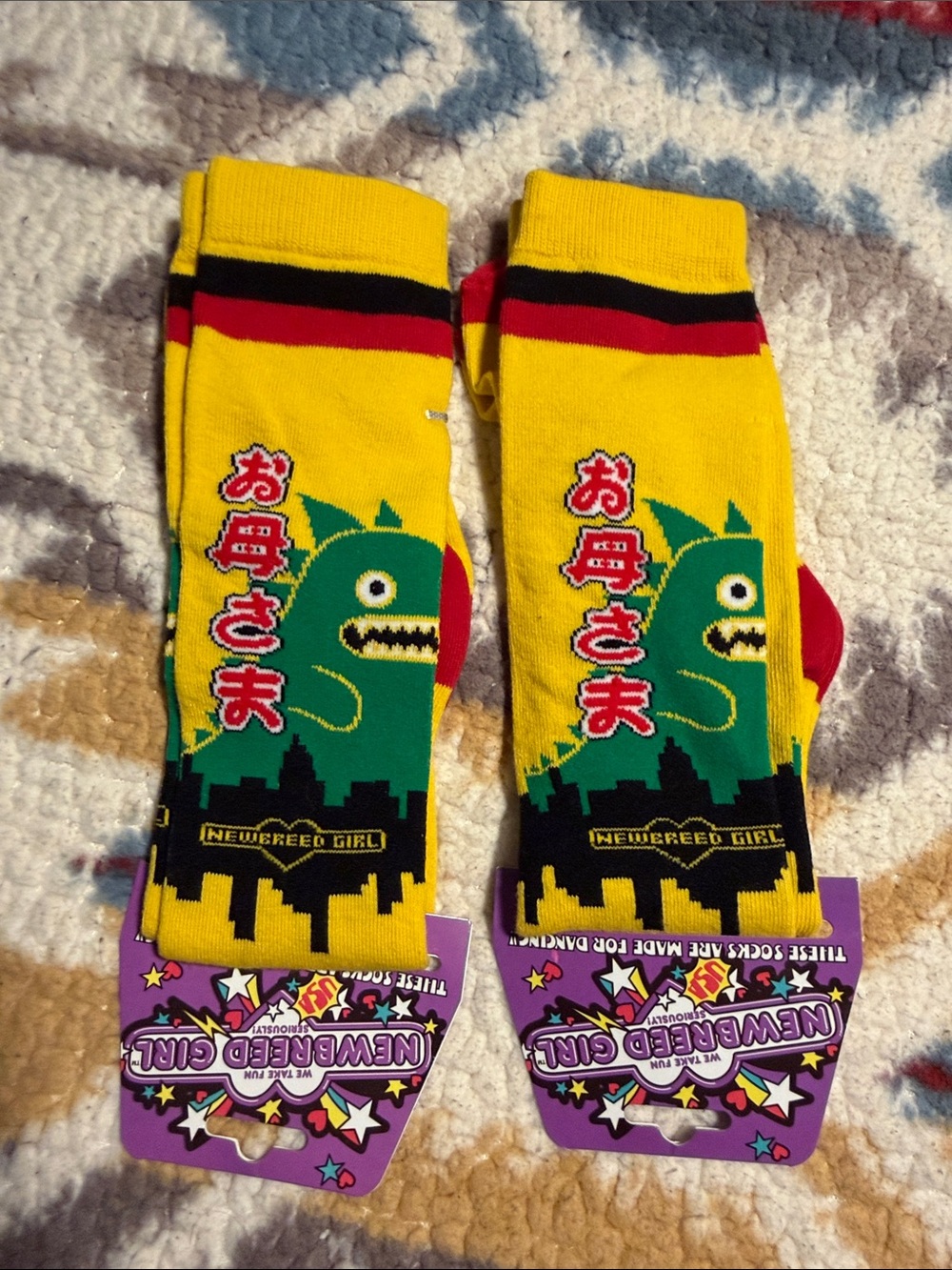 Newbreed girl Yellow Godzilla  Graphic Crew Socks